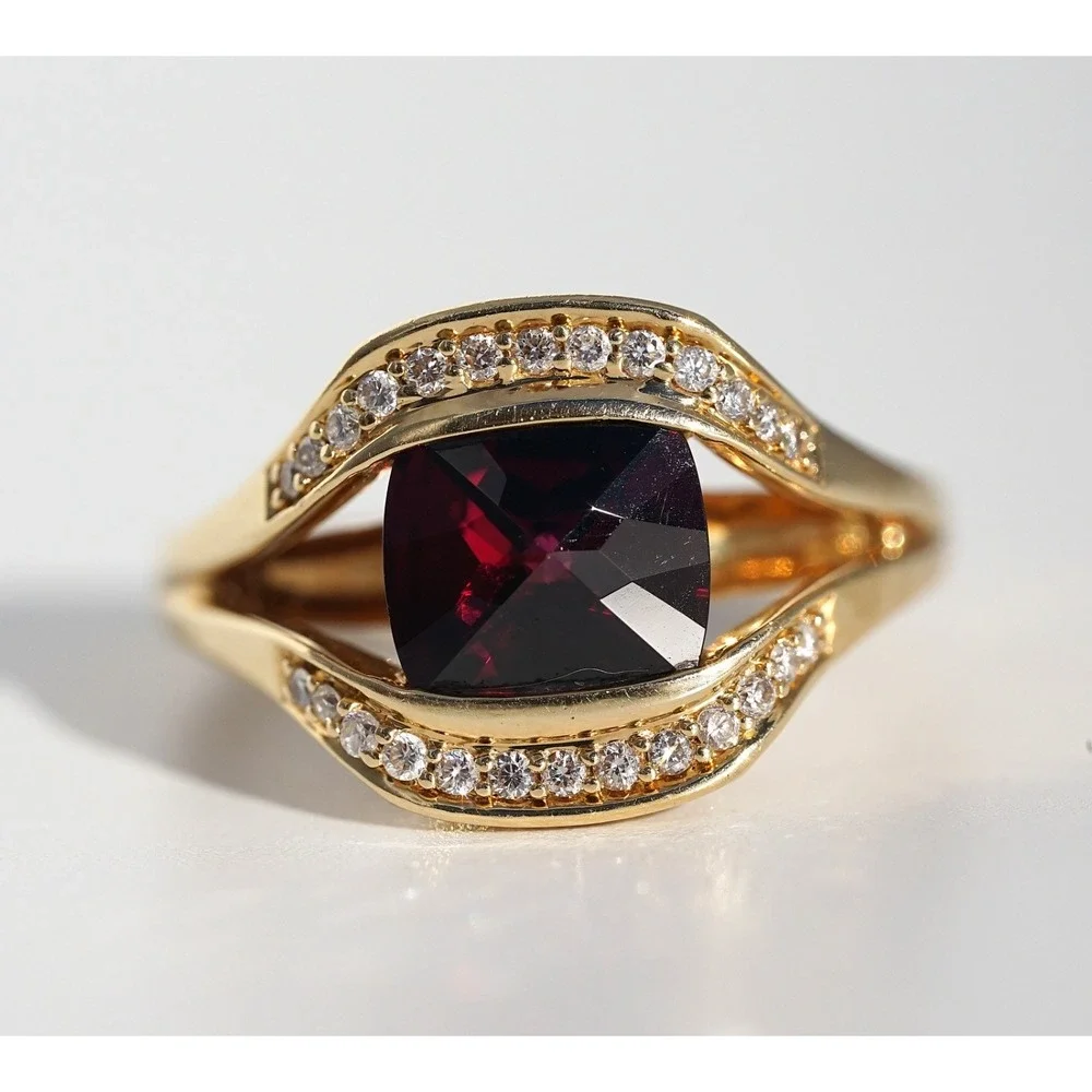 Lorenzo Designer 18k‎ Solid Gold Natural Rhodolite Garnet & Diamond Pave Ring - Picture 10 of 13